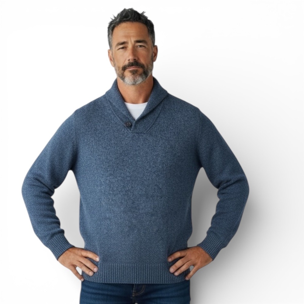 Pronto Uomo Mens Large Blue 100% Wool Shawl Collar Button Sweater Heathered Knit